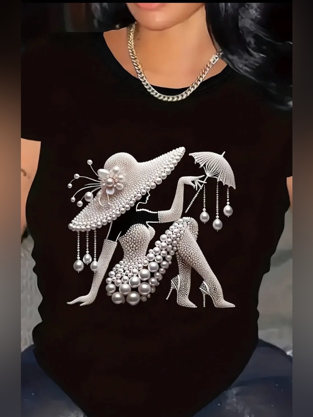 ❤️ NEW Black Pearl-Embellished Lady Graphic T-Shirt